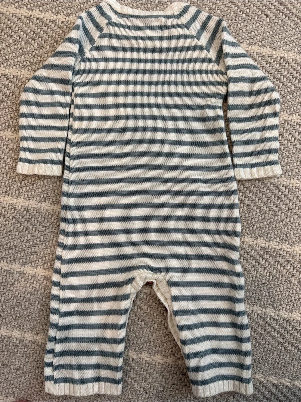 Mud Pie Cream and Teal Striped Knit One-Piece with Yellow Giraffe Applique